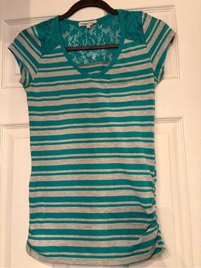 Wishful Park Teal and Gray Striped Lace-Back Short Sleeve Tee